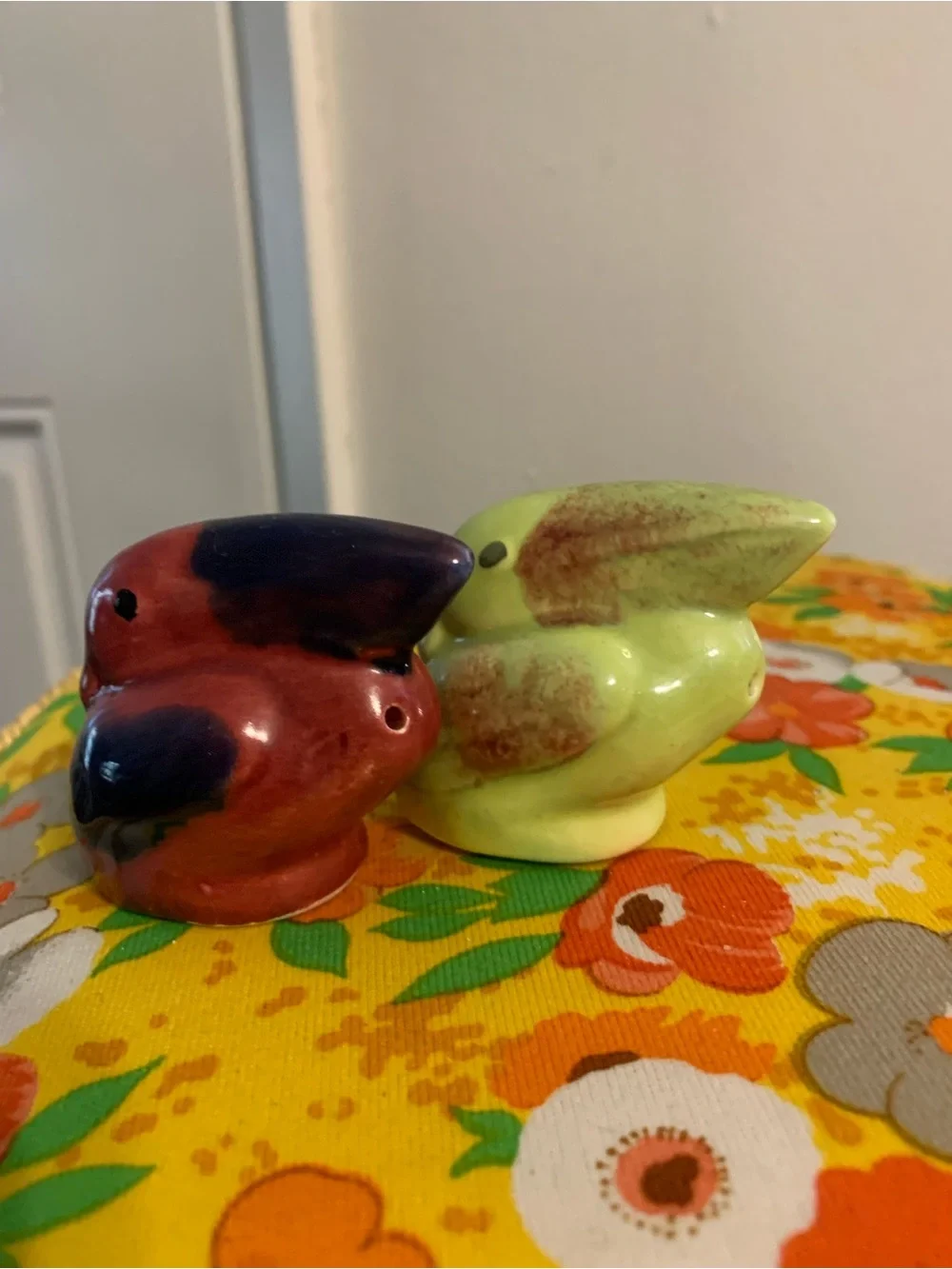 Vintage Ceramic Bird Salt & Pepper Shakers - Red/Black and Lime Green